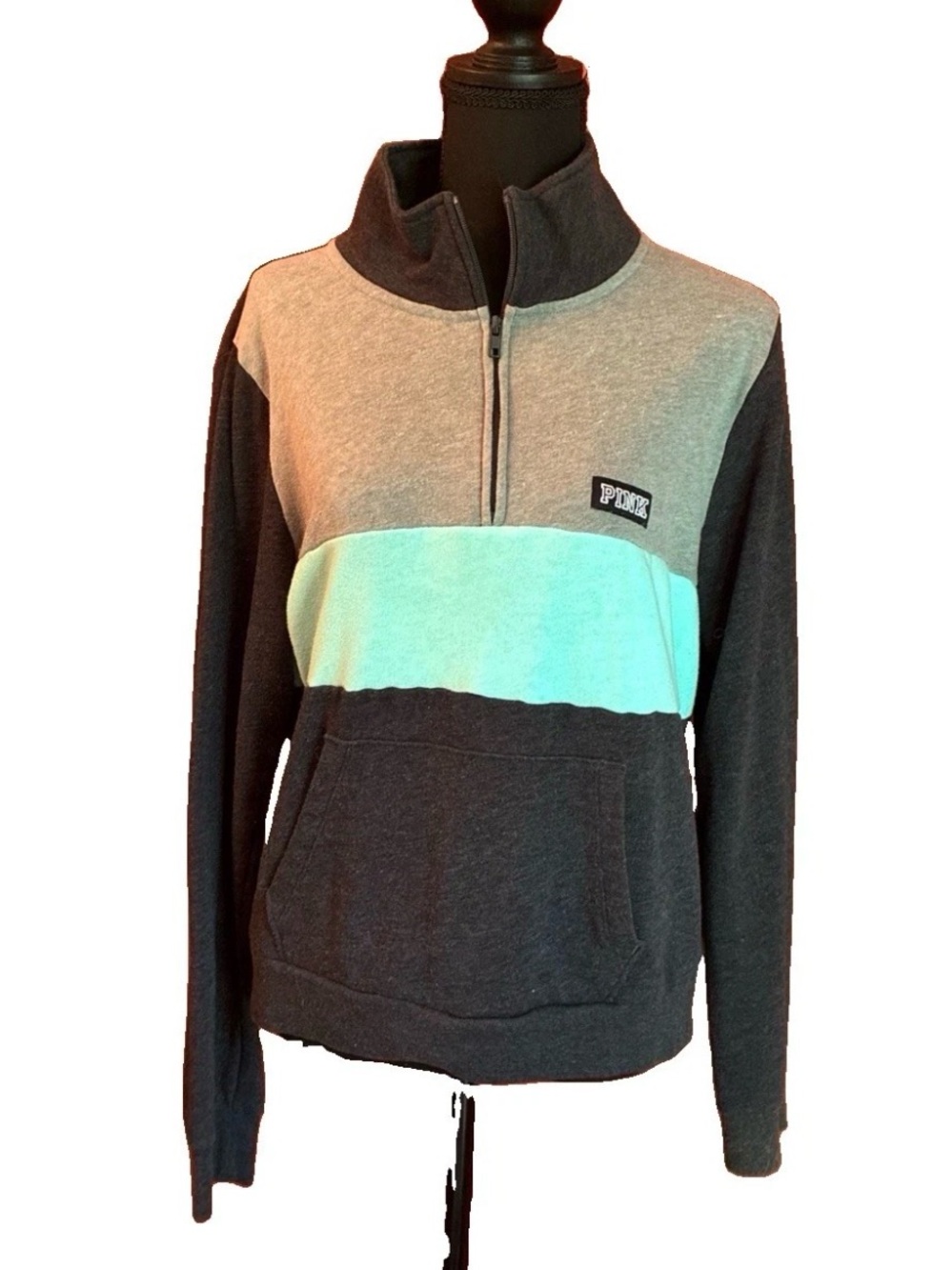 Victoria’s Secret PINK Colorblock 1/4 Zip Sweatshirt Teal Gray Charcoal Sz L